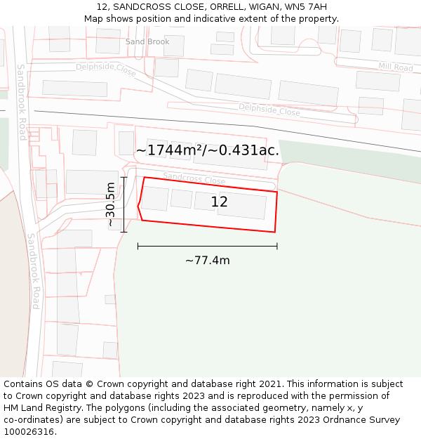 12, SANDCROSS CLOSE, ORRELL, WIGAN, WN5 7AH: Plot and title map