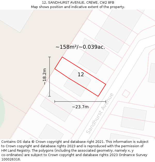 12, SANDHURST AVENUE, CREWE, CW2 8FB: Plot and title map