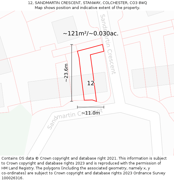 12, SANDMARTIN CRESCENT, STANWAY, COLCHESTER, CO3 8WQ: Plot and title map