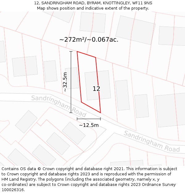 12, SANDRINGHAM ROAD, BYRAM, KNOTTINGLEY, WF11 9NS: Plot and title map