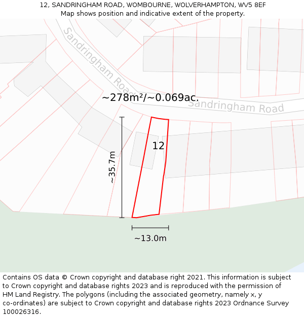 12, SANDRINGHAM ROAD, WOMBOURNE, WOLVERHAMPTON, WV5 8EF: Plot and title map