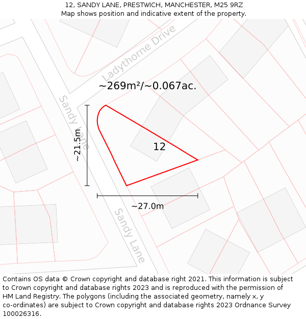 12, SANDY LANE, PRESTWICH, MANCHESTER, M25 9RZ: Plot and title map