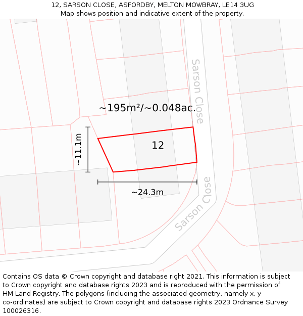 12, SARSON CLOSE, ASFORDBY, MELTON MOWBRAY, LE14 3UG: Plot and title map