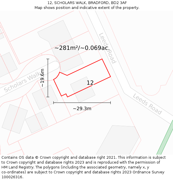 12, SCHOLARS WALK, BRADFORD, BD2 3AF: Plot and title map