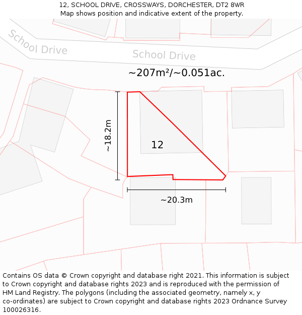 12, SCHOOL DRIVE, CROSSWAYS, DORCHESTER, DT2 8WR: Plot and title map