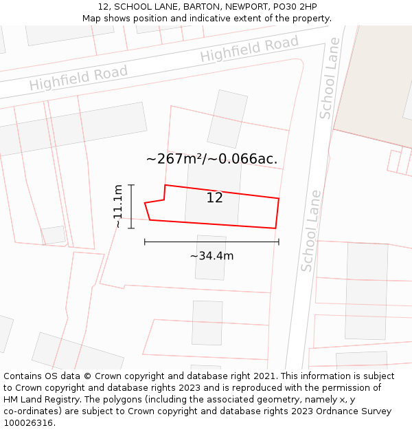 12, SCHOOL LANE, BARTON, NEWPORT, PO30 2HP: Plot and title map