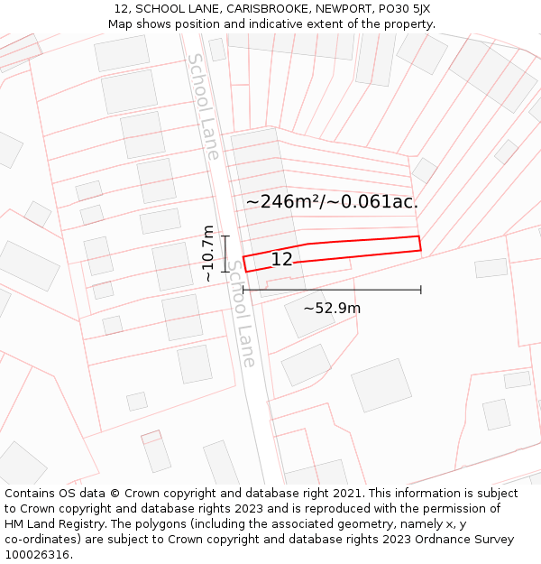 12, SCHOOL LANE, CARISBROOKE, NEWPORT, PO30 5JX: Plot and title map