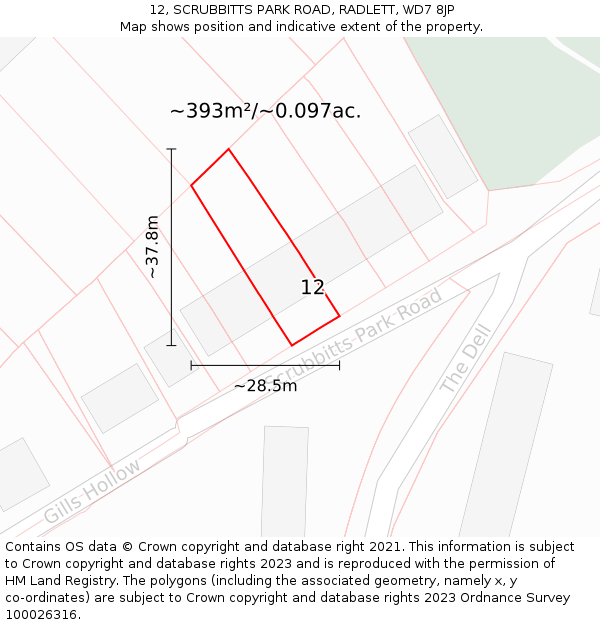 12, SCRUBBITTS PARK ROAD, RADLETT, WD7 8JP: Plot and title map