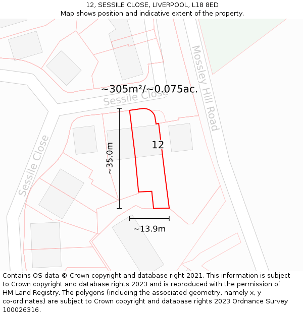 12, SESSILE CLOSE, LIVERPOOL, L18 8ED: Plot and title map