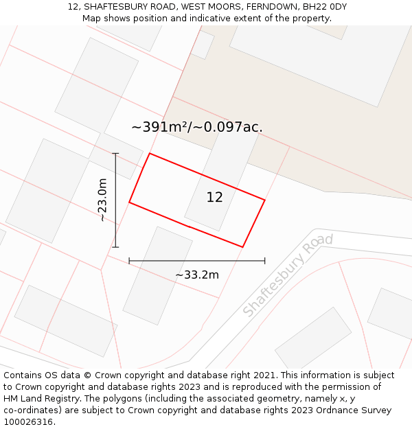 12, SHAFTESBURY ROAD, WEST MOORS, FERNDOWN, BH22 0DY: Plot and title map