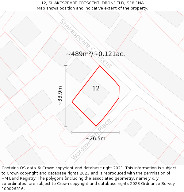 12, SHAKESPEARE CRESCENT, DRONFIELD, S18 1NA: Plot and title map