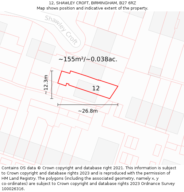 12, SHAWLEY CROFT, BIRMINGHAM, B27 6RZ: Plot and title map