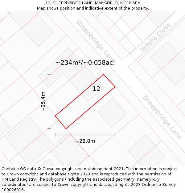 12, SHEEPBRIDGE LANE, MANSFIELD, NG18 5EA: Plot and title map