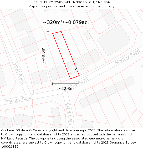 12, SHELLEY ROAD, WELLINGBOROUGH, NN8 3DA: Plot and title map