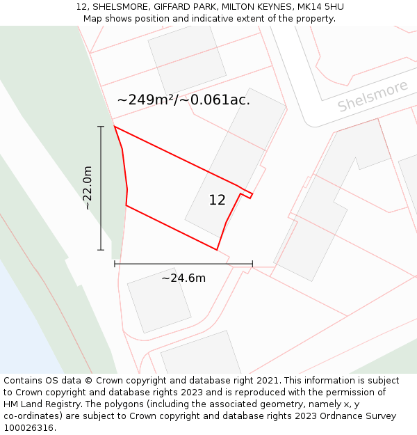 12, SHELSMORE, GIFFARD PARK, MILTON KEYNES, MK14 5HU: Plot and title map