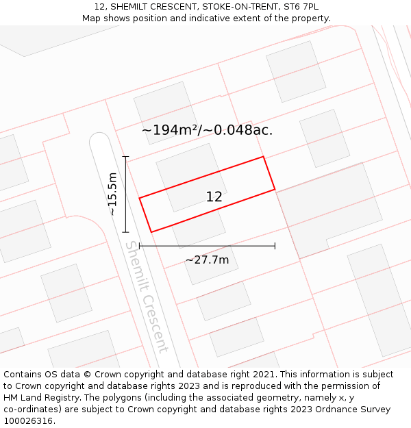 12, SHEMILT CRESCENT, STOKE-ON-TRENT, ST6 7PL: Plot and title map