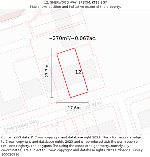 12, SHERWOOD WAY, EPSOM, KT19 8GY: Plot and title map