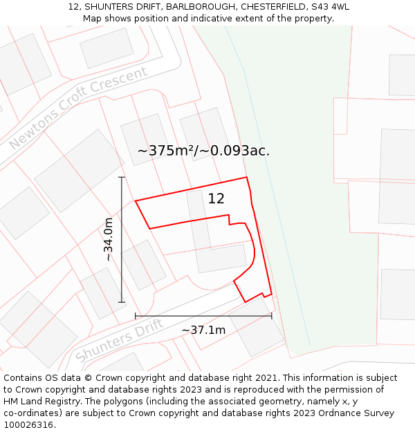 12, SHUNTERS DRIFT, BARLBOROUGH, CHESTERFIELD, S43 4WL: Plot and title map