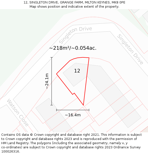 12, SINGLETON DRIVE, GRANGE FARM, MILTON KEYNES, MK8 0PE: Plot and title map