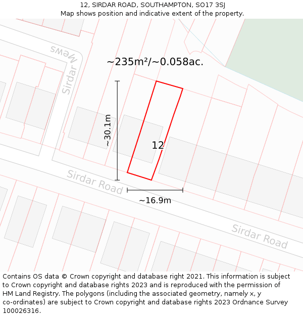 12, SIRDAR ROAD, SOUTHAMPTON, SO17 3SJ: Plot and title map