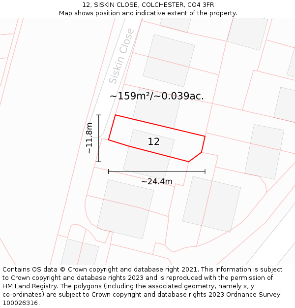 12, SISKIN CLOSE, COLCHESTER, CO4 3FR: Plot and title map