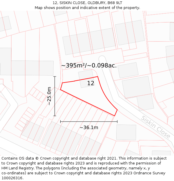 12, SISKIN CLOSE, OLDBURY, B68 9LT: Plot and title map