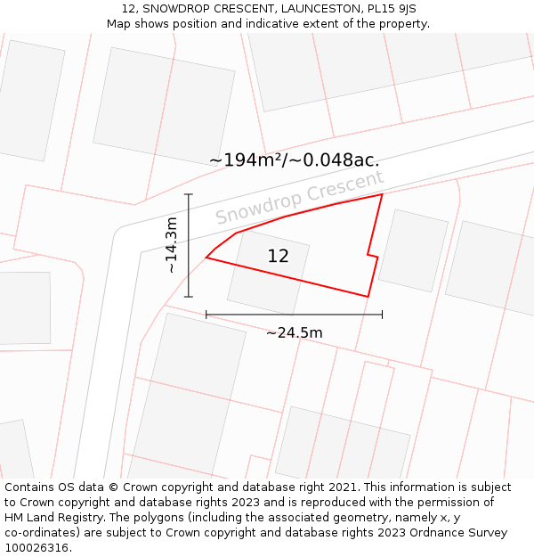 12, SNOWDROP CRESCENT, LAUNCESTON, PL15 9JS: Plot and title map