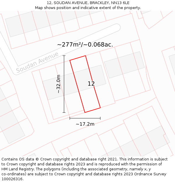 12, SOUDAN AVENUE, BRACKLEY, NN13 6LE: Plot and title map