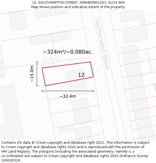 12, SOUTHAMPTON STREET, FARNBOROUGH, GU14 6AX: Plot and title map