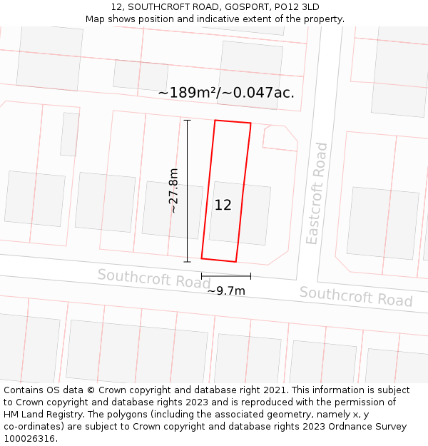 12, SOUTHCROFT ROAD, GOSPORT, PO12 3LD: Plot and title map