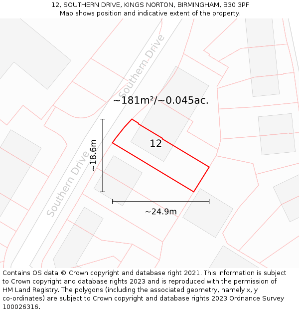 12, SOUTHERN DRIVE, KINGS NORTON, BIRMINGHAM, B30 3PF: Plot and title map