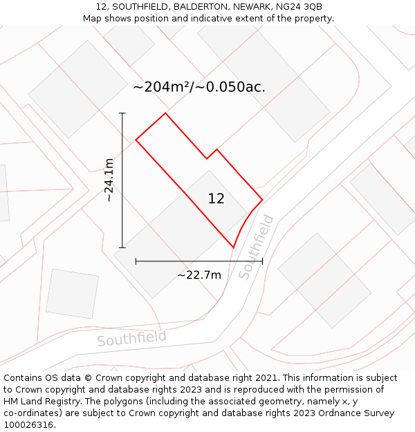 12, SOUTHFIELD, BALDERTON, NEWARK, NG24 3QB: Plot and title map