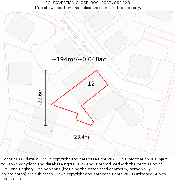 12, SOVEREIGN CLOSE, ROCHFORD, SS4 1XB: Plot and title map