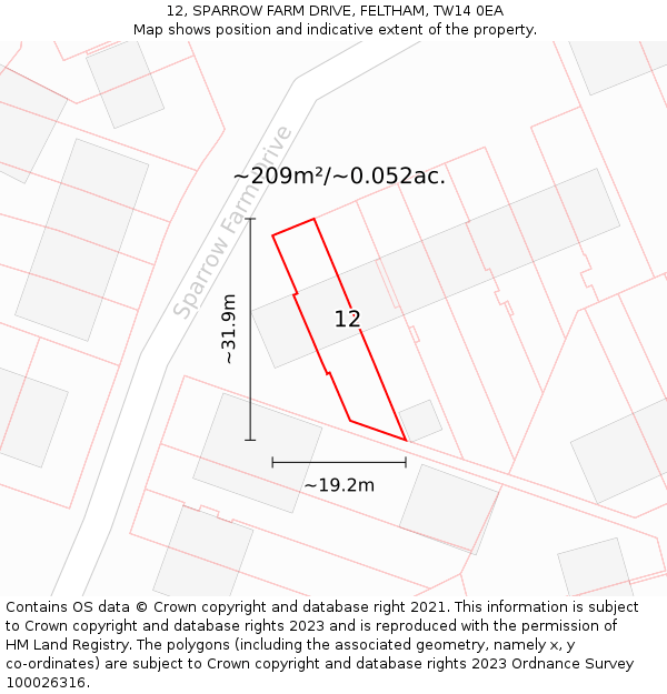 12, SPARROW FARM DRIVE, FELTHAM, TW14 0EA: Plot and title map