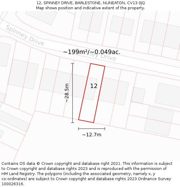 12, SPINNEY DRIVE, BARLESTONE, NUNEATON, CV13 0JQ: Plot and title map