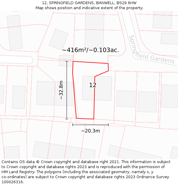 12, SPRINGFIELD GARDENS, BANWELL, BS29 6HW: Plot and title map