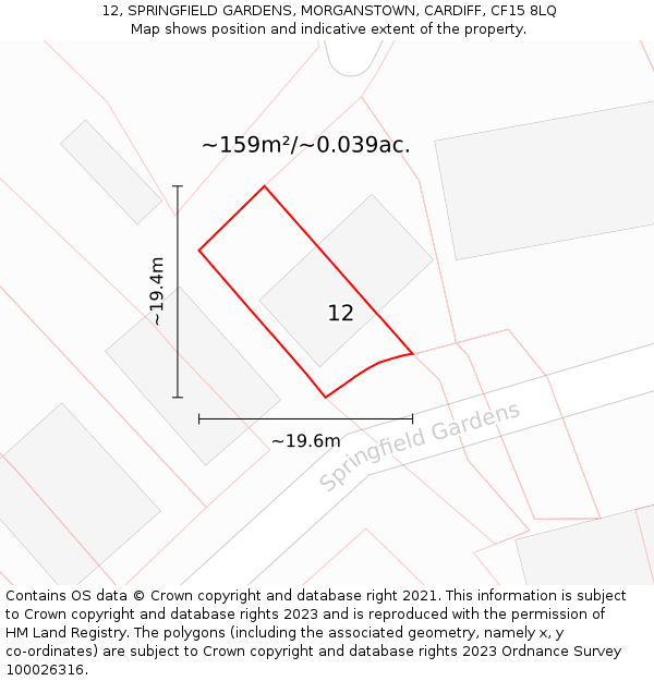 12, SPRINGFIELD GARDENS, MORGANSTOWN, CARDIFF, CF15 8LQ: Plot and title map