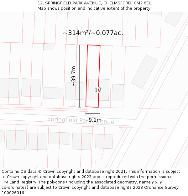 12, SPRINGFIELD PARK AVENUE, CHELMSFORD, CM2 6EL: Plot and title map