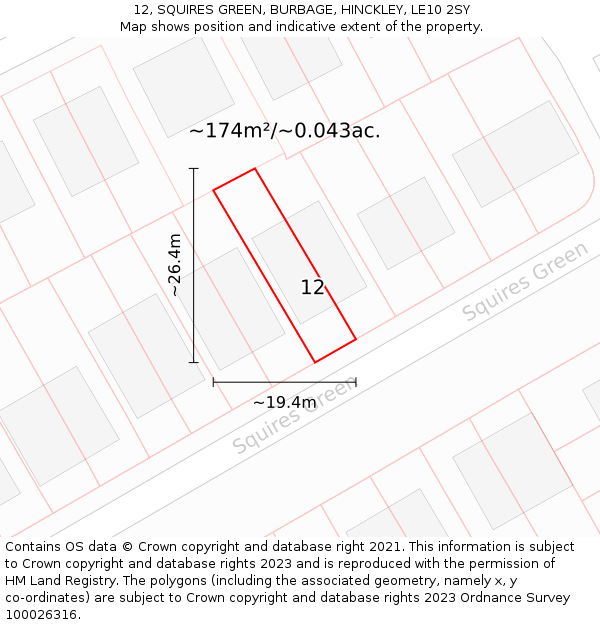 12, SQUIRES GREEN, BURBAGE, HINCKLEY, LE10 2SY: Plot and title map