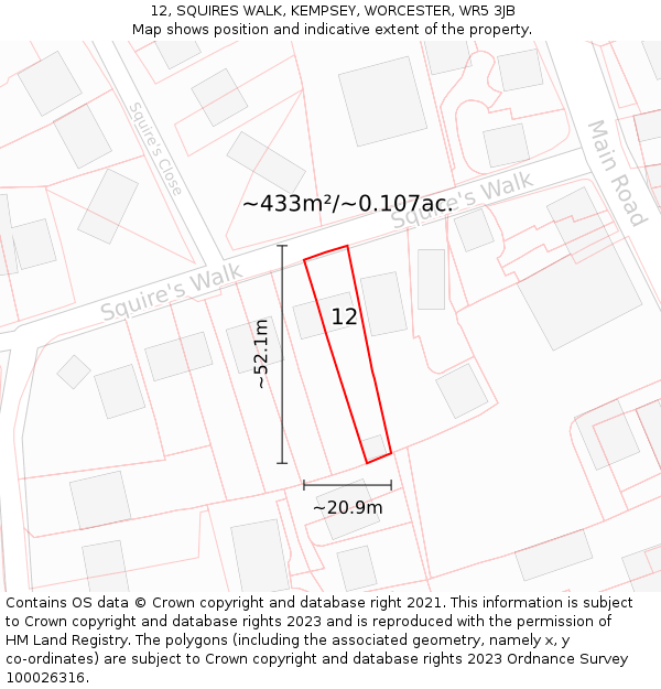 12, SQUIRES WALK, KEMPSEY, WORCESTER, WR5 3JB: Plot and title map