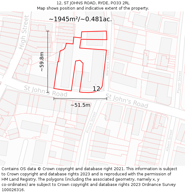 12, ST JOHNS ROAD, RYDE, PO33 2RL: Plot and title map