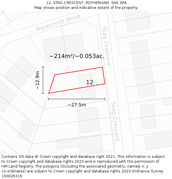 12, STAG CRESCENT, ROTHERHAM, S60 3PA: Plot and title map