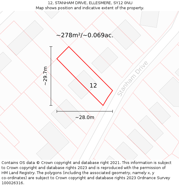 12, STANHAM DRIVE, ELLESMERE, SY12 0NU: Plot and title map