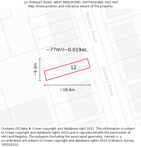 12, STANLEY ROAD, WEST BRIDGFORD, NOTTINGHAM, NG2 6DF: Plot and title map