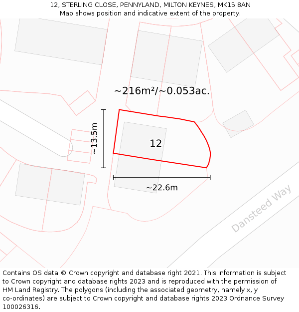 12, STERLING CLOSE, PENNYLAND, MILTON KEYNES, MK15 8AN: Plot and title map