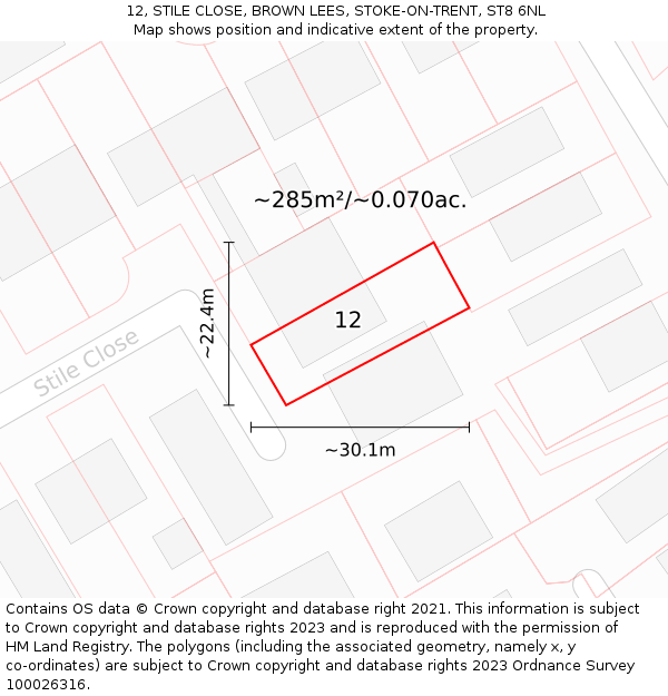 12, STILE CLOSE, BROWN LEES, STOKE-ON-TRENT, ST8 6NL: Plot and title map