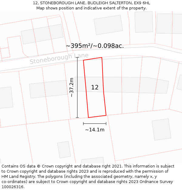 12, STONEBOROUGH LANE, BUDLEIGH SALTERTON, EX9 6HL: Plot and title map