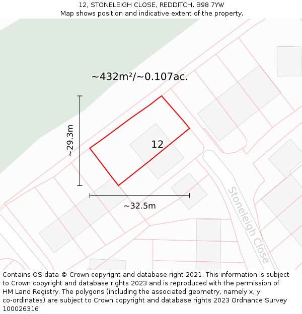 12, STONELEIGH CLOSE, REDDITCH, B98 7YW: Plot and title map