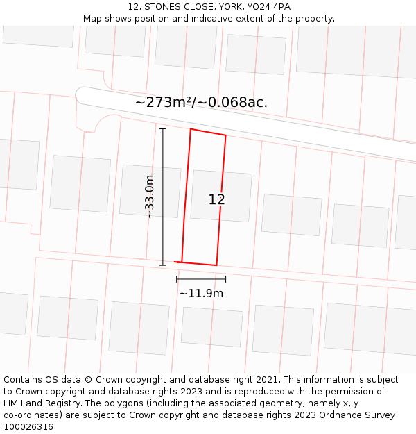 12, STONES CLOSE, YORK, YO24 4PA: Plot and title map