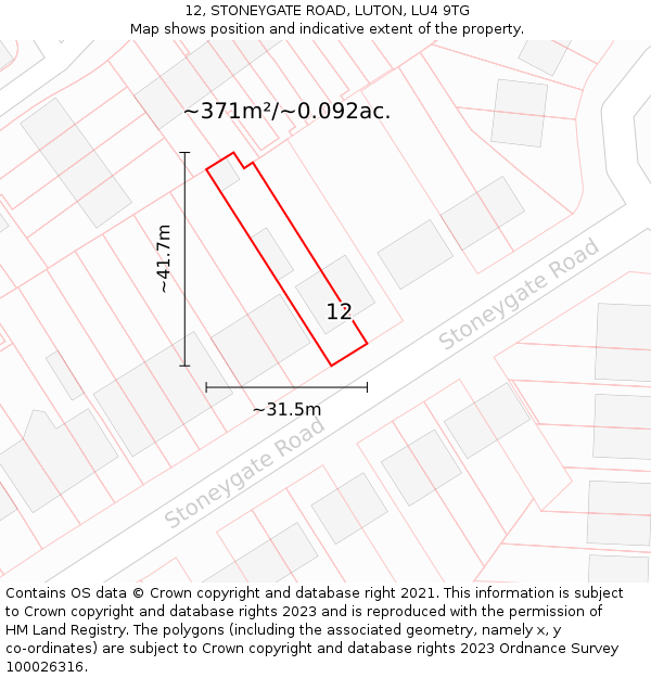 12, STONEYGATE ROAD, LUTON, LU4 9TG: Plot and title map